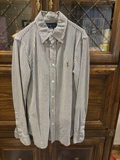 Polo Ralph Lauren Cotton Oxford Knit Gray Striped Classic Shirt Size Medium