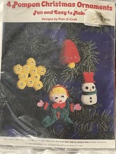 Vtg Pompom Xmas Needlecraft Ornaments Elf, Snowman, Star 1978 New In Package