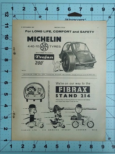 1962 Michelin Man Bibendum Ad Trojan 200 Bubble Car Fibrax Print Ephemera