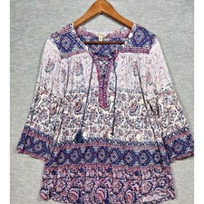 Lucky Brand Womens 1X Boho Mixed Floral Paisley Lace Up Tassel Peasant Top Blue