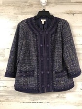 Chicos Sz 2 Large Purple Tweed Jacket Blazer Wool Blend Raw Hem Fringe Metallic
