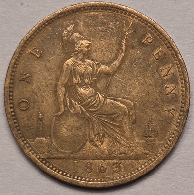 1863 GREAT BRITAIN PENNY QUEEN VICTORIA BUN HEAD DESIGN KM# 749.2 Great Details