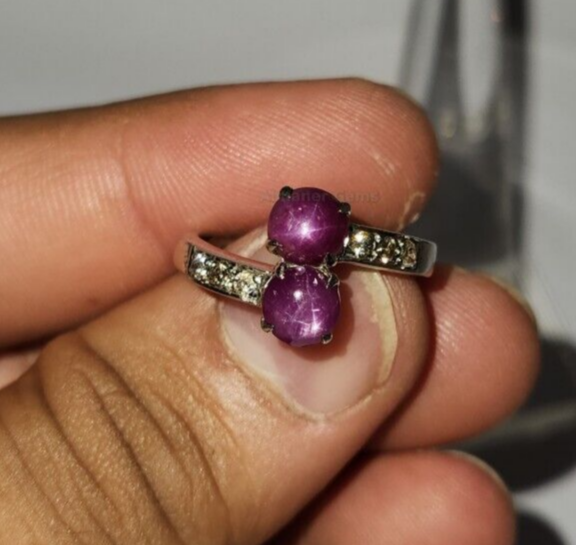 Bypass Band Natural Star Ruby And Diamond 925 Sterling Silver Ring Top Quality