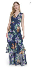 Eliza J Teal Floral V-Neck Sleeveless Tiered Ruffle Chiffon Maxi Dress 4