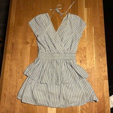 American Eagle Striped Dress Blue White Linen Blend Smocked Waist Tiered Medium