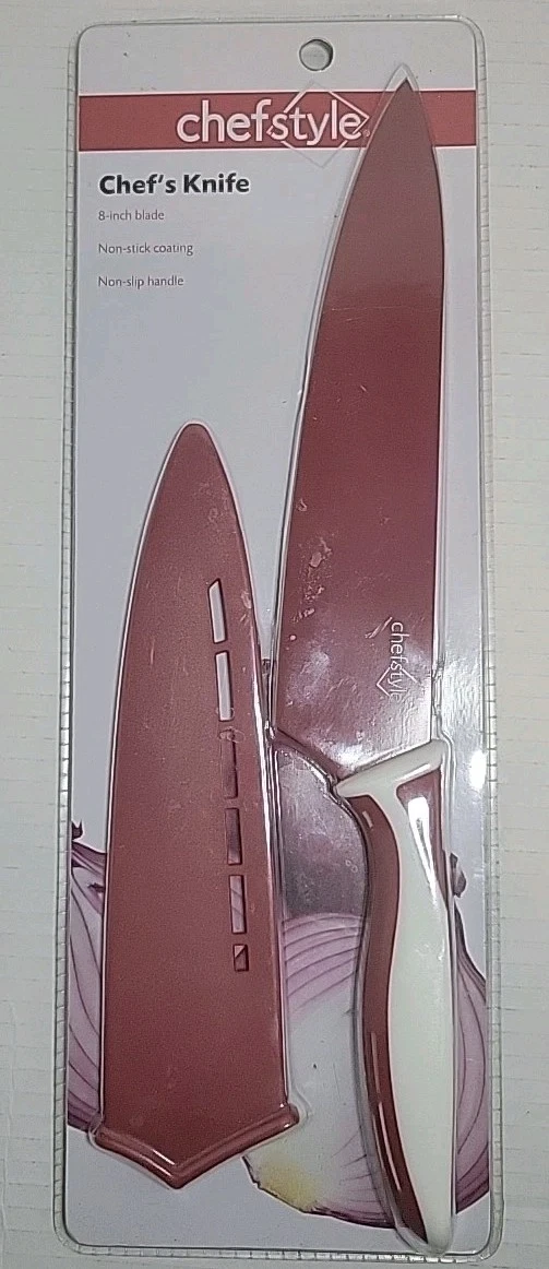 New Chefstyle 8 Inch Red Coated Chef's Knife Kitchen Cutter w/Safety Cover