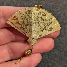 Vintage Metal Folding Fan Pendant Asian Style Cranes Phoenix Bird Gold Tone