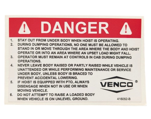 Venturo VENCO Dump Bed Safety Decal 416052-B DANGER - Bild 1 von 3