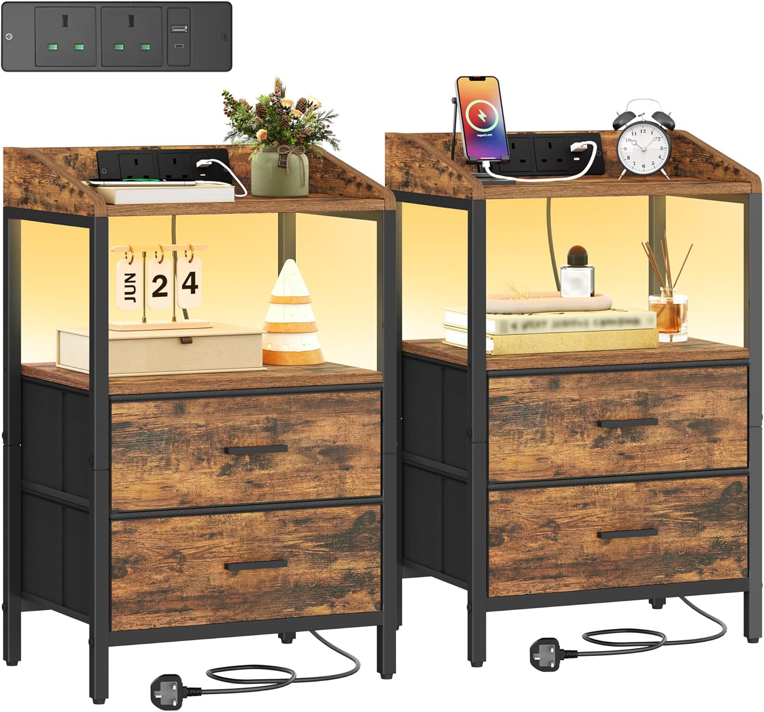 Bedside Table LED Nightstand Charging Station Drawers Storage Shelf White