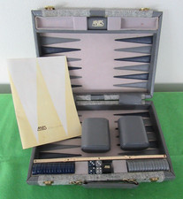 VINTAGE ARIES OF BEVERLY HILLS TRAVEL BACKGAMMON SET - BLUE GRAY - COMPLETE