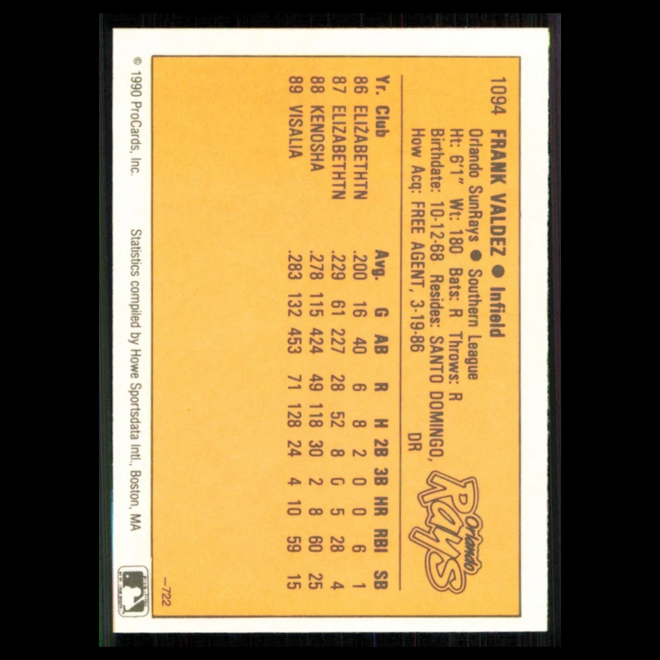 Frank Valdez #1094 1990 ProCards Orlando Sun Rays Baseball Card MLB NM - Image 2 of 3