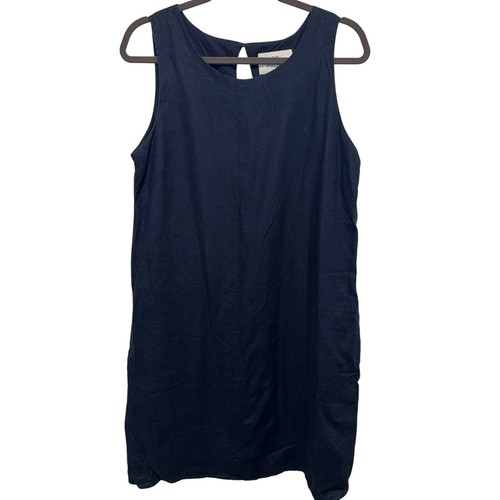 28 Palms Linen Dress Womens L Sleeveless Shift Navy Blue Pockets Lined Office