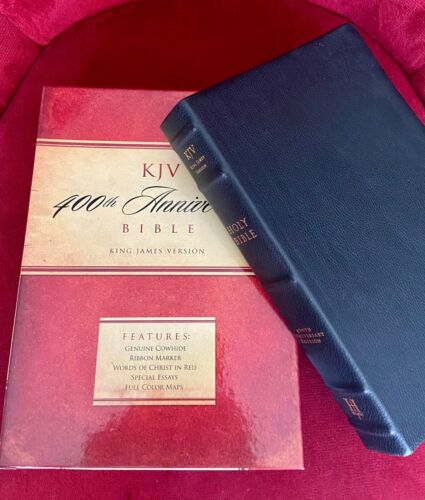 KJV 400th Anniversary Bible Genuine Cowhide Leather Black Red Text Holman Bible - Picture 1 of 12