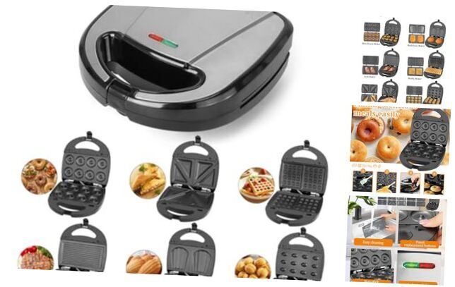 6-in-1 Mini Waffle & Donut Maker with Removable Plates - Black & Silver-image