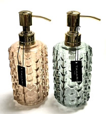 NEW TAHARI TAN OR GRAY TEXTURED GLASS GOLD TONE PUMP SOAP DISPENSER