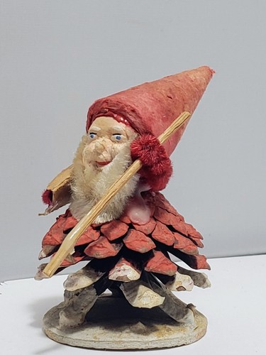 Vintage Christmas Pinecone Elf Pixie West Germany Red Hat Walking Stick 1950s - Picture 10 of 10