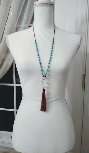 Natural Turquoise Beaded Tassel Necklace Earrings Set - Picture 6 of 6