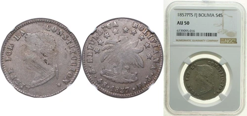 Bolivia 1857 PTS PF 4 Soles Silver 667 NGC AU 50