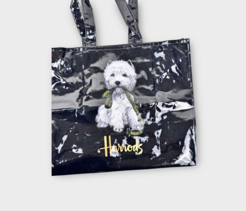 Harrods Vinyl Tote Shopping Bag Terrier Westie Dog Shiny Zip Top 12"x14" Black