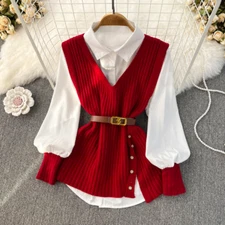 2PCS Women White Shirt Knitted Vest Gilet Top Belted Elegant Fashion Knitwear