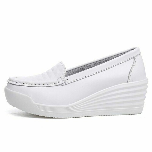 New Women White Comfort Wedge Heel Slip On Loafers Nurse Shoes Casual Work Shoes - Picture 5 of 12
