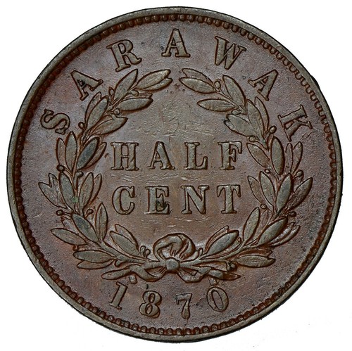 SARAWAK 1/2 CENT 1870 Copper XF 'C.Brooke Rajah' - Picture 2 of 2