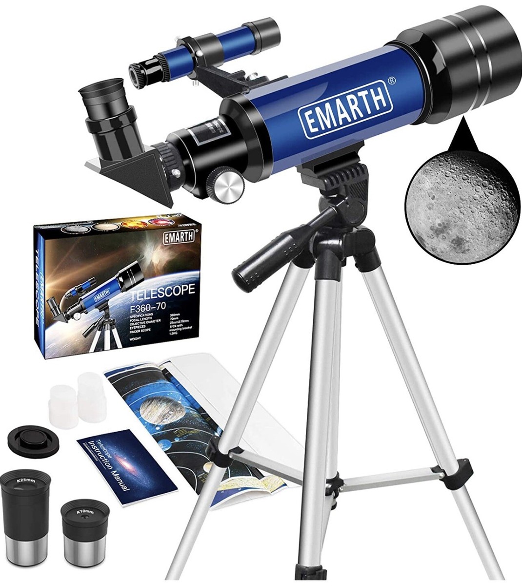 Emarth Telescope, 70mm/360mm Double Eyepieces Refractor Telescope