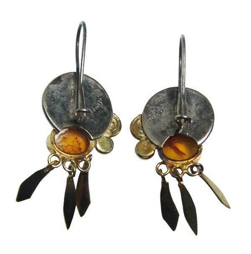 Collector's Vintage Silver Gold Gemstone Amber Shield Two Tone Earrings - Picture 3 of 3