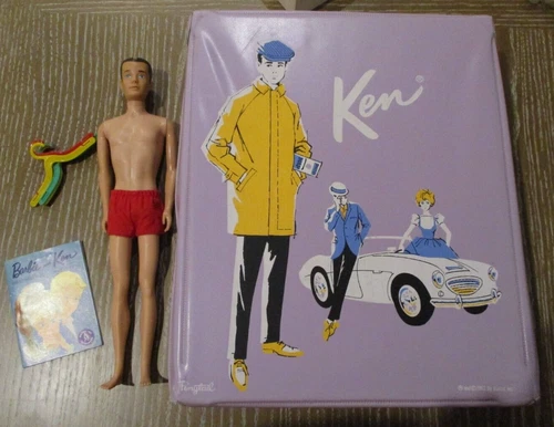 Vintage Brunette Painted Hair Ken Doll Purple Rally Day Ponytail Case 62 Hangers