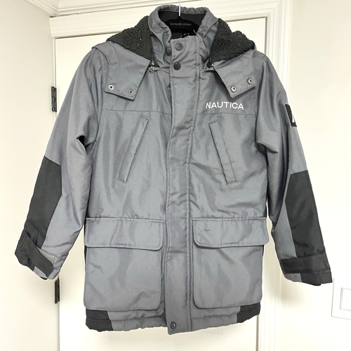 Nautica Boys Size 8 Winter Hooded Parka Jacket Gray Black Coat Heavy Warm