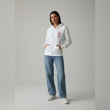 The Santa Hustle White Zip Up Hoodie Christmas Elf Graphic Cotton Blend Size L