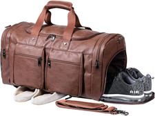 Leather Travel Duffle Bag Brown Carry On Weekender w/ Shoe Pouch Waterproof