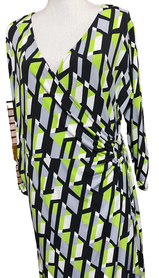 Vestido envolvente ALFANI geométrico mezcla de seda imitación acanalado línea A verde XL Foto 3 de 4