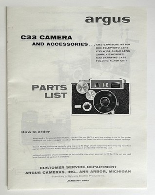 Argus C33 Camera Accessories Exploded Views Parts List Service & Repair Reprint