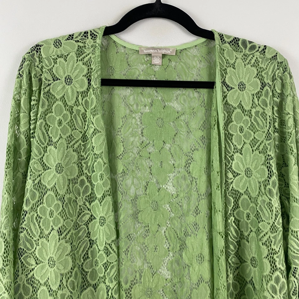 Cárdigan de encaje floral verde Woman Within talla 22W frente abierto manga larga Foto 2 de 4