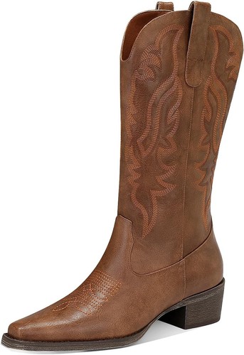 Women's Cowboy Boots, Mid-Calf Chunky Heel Pointed Toe Western 8.5, Borwn