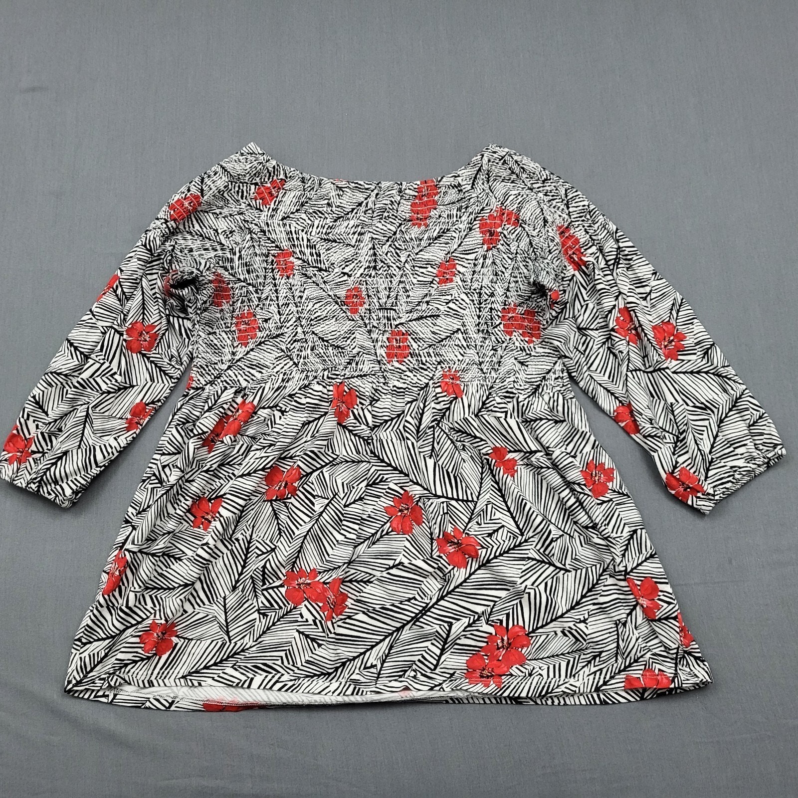 J. Jill Blouse Womens Petite PS 3/4 Sleeve Smocked Boat Neck Floral Black Red