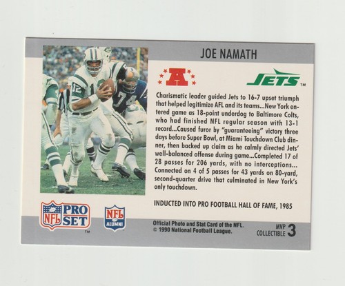 Joe Namath New York Jets 1990 Pro Set Super Bowl MVP Collectible Football Card 3 - Picture 2 of 3