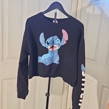 Disney Stitch Cropped Graphic Print Crewneck Pullover Sweatshirt M Black