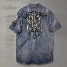 Vintage Roar Signature Blue Short Sleeve Y2K Cyber Goth Button Up Shirt XXL