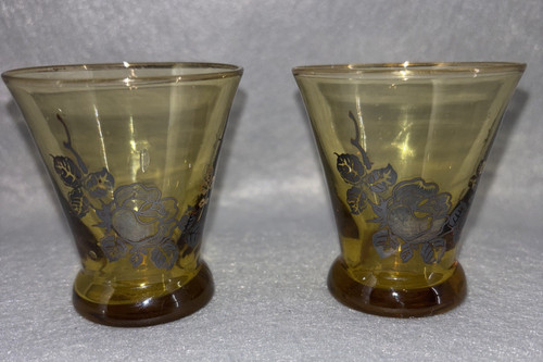 Vintage MCM Amber Color Shot Glasses Silver Rose Floral Design Set of 2 Japan