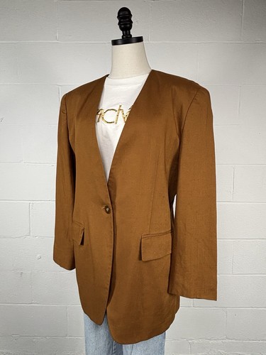 Vintage Rust Linen Minimalist Blazer Longline Collarless Power Suit Jacket L 12 - Picture 5 of 11