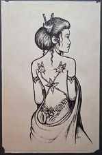 Vintage, Shop Used, Japanese Traditional Tattooed Geisha Girl Tattoo Flash Sheet