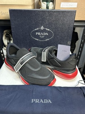 Prada Cloudbust Black Red Mens Logo Strap Mesh Trainer Sneakers Size 6.5P 7.5US