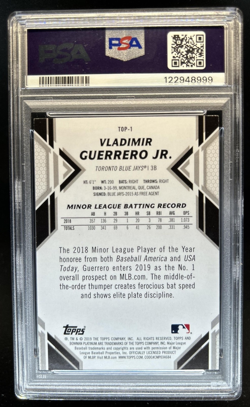 2019 Bowman Platinum Vladimir Guerrero Jr. Top Prospects Blue RC #/150 PSA 8 view 2