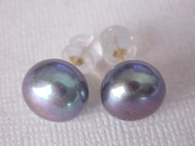 10.5Mm Aaa Genuine Peacock Black Pearl Stud Earrings Solid 14Kt Yellow Gold #2