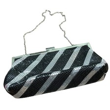 Metaphor Womens Clutch Black Mesh Metal Crystal Striped Evening Bag With Chain