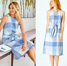 J JILL Buffalo Check Linen Dress Womens Size PS Petite Small Waist Tie Gingham
