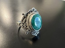Faceted Natural Emerald Bali Style Ring Sterling Silver size 6.5