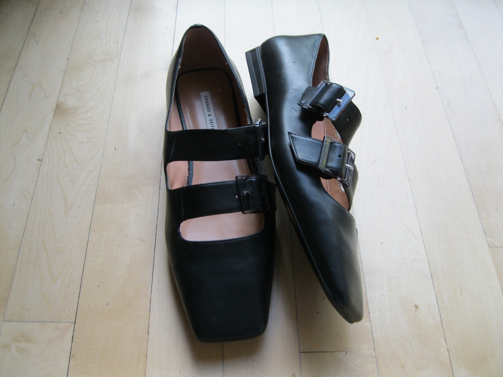 Charles & Keith Double Buckle Faux Leather Mary Jane Flat Shoe Black Women 10